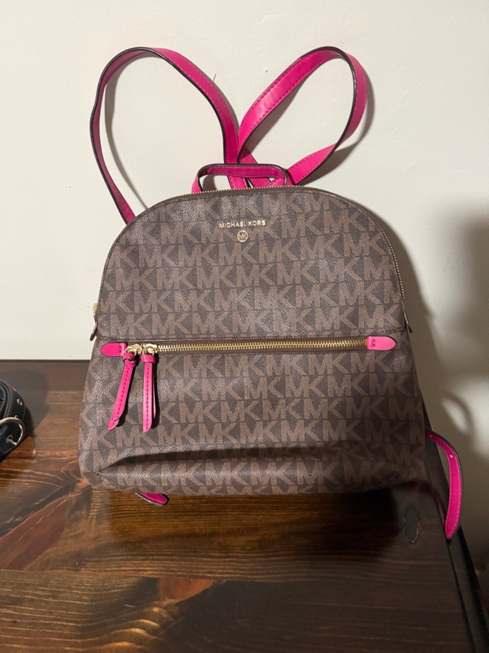 Michael Kors Brown MK Logo Backpack with Hot Pink Trim